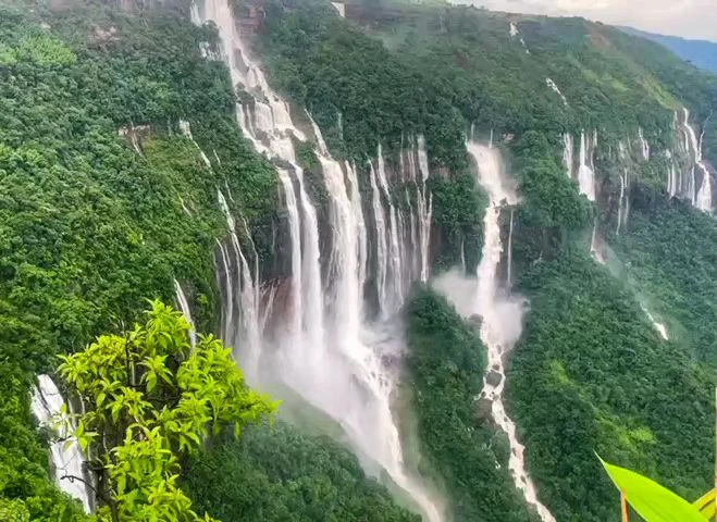 Seven Sisters Waterfall sightseeing stop on Shillong Cherrapunjee Dawki Guwahati Taxi Package route